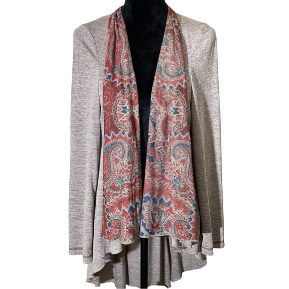 ONE WORLD Sweaters - ONE WORLD BEIGE LIGHTWEIGHT CARDIGAN WITH FLORAL PRINT TRIM SZ LG EUC